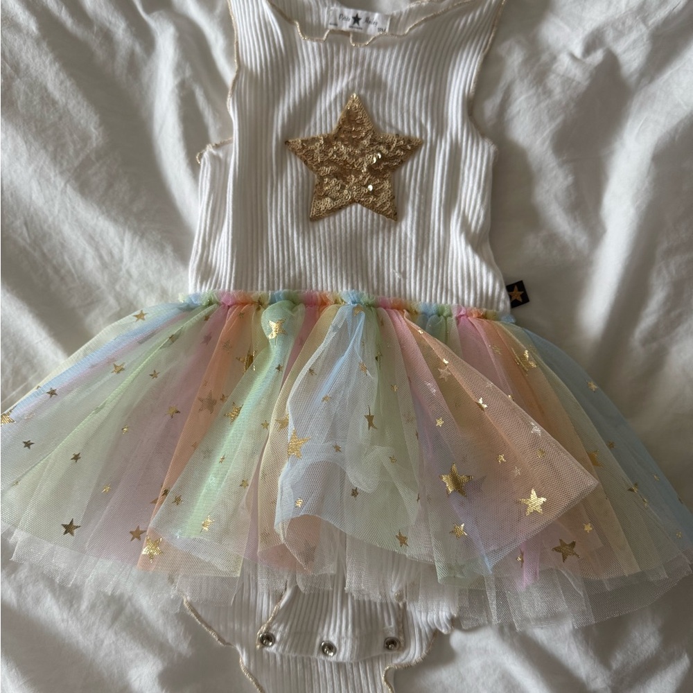 Gold Star White and Rainbow Tulle Kids Dress